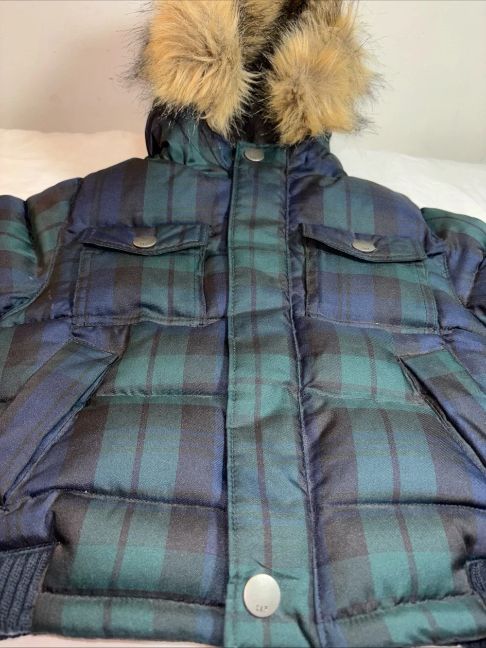 Baby Gap Plaid Puffer Jacket with Faux Fur Hood - Green/Black New!!!  993